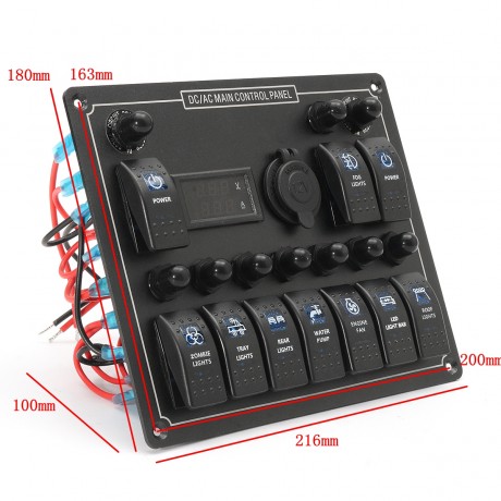 12-24V 10 Gang Boat Marine Blue LED Rocker Switch Panel Circuit Breaker Voltmeter